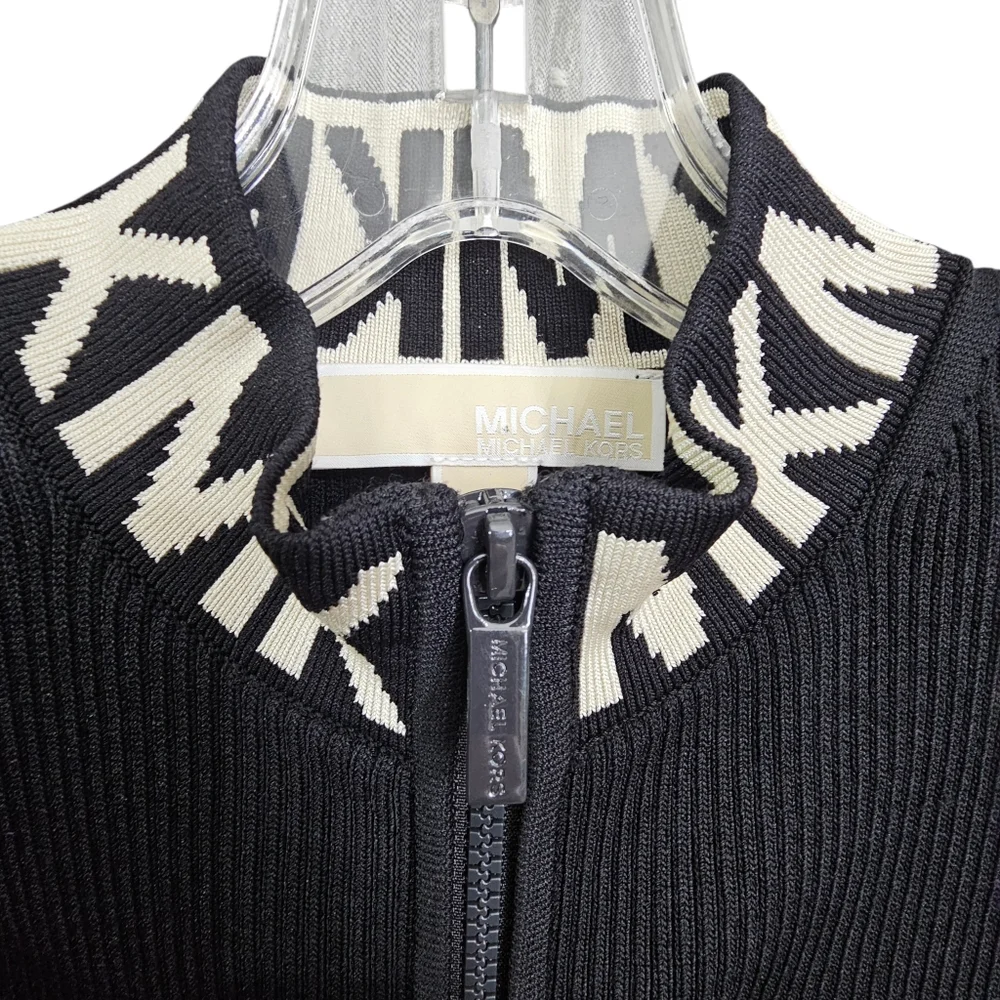 Nwot Michael Kors Black Ribbed Knit MK Logo Neckline Shortsleeve Zipfront Dress - Picture 7 of 17